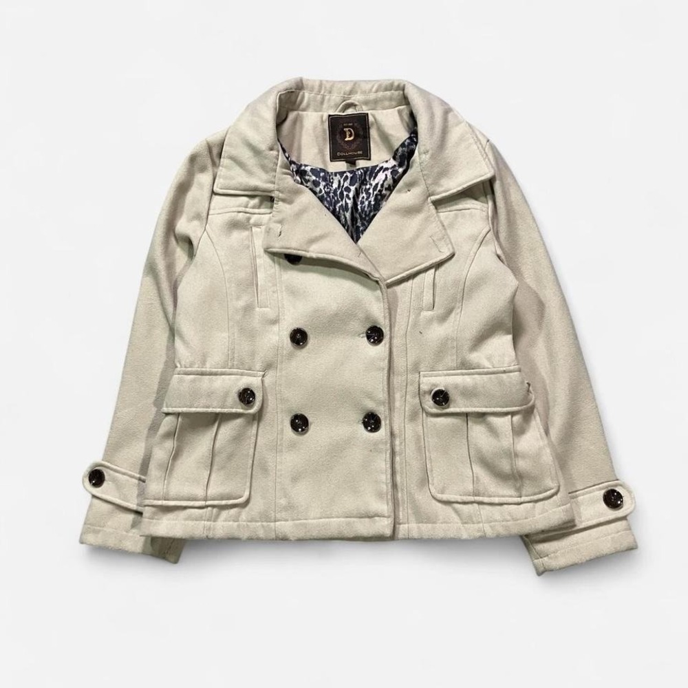 Dollhouse Leopard Cream Pea Coat Women's XL Jacket Trench Style Collar Y2K‎